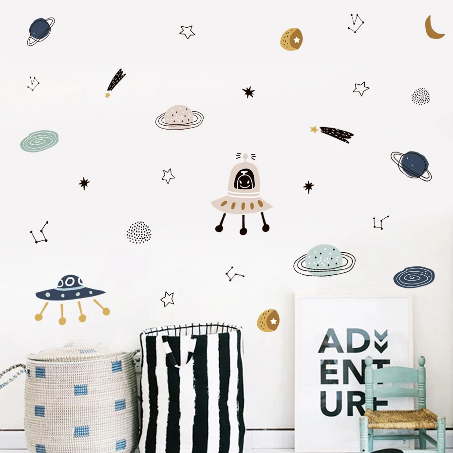 Pegatinas de vinilo pared infantiles acuarela con ovnis y planetas - imagen 2