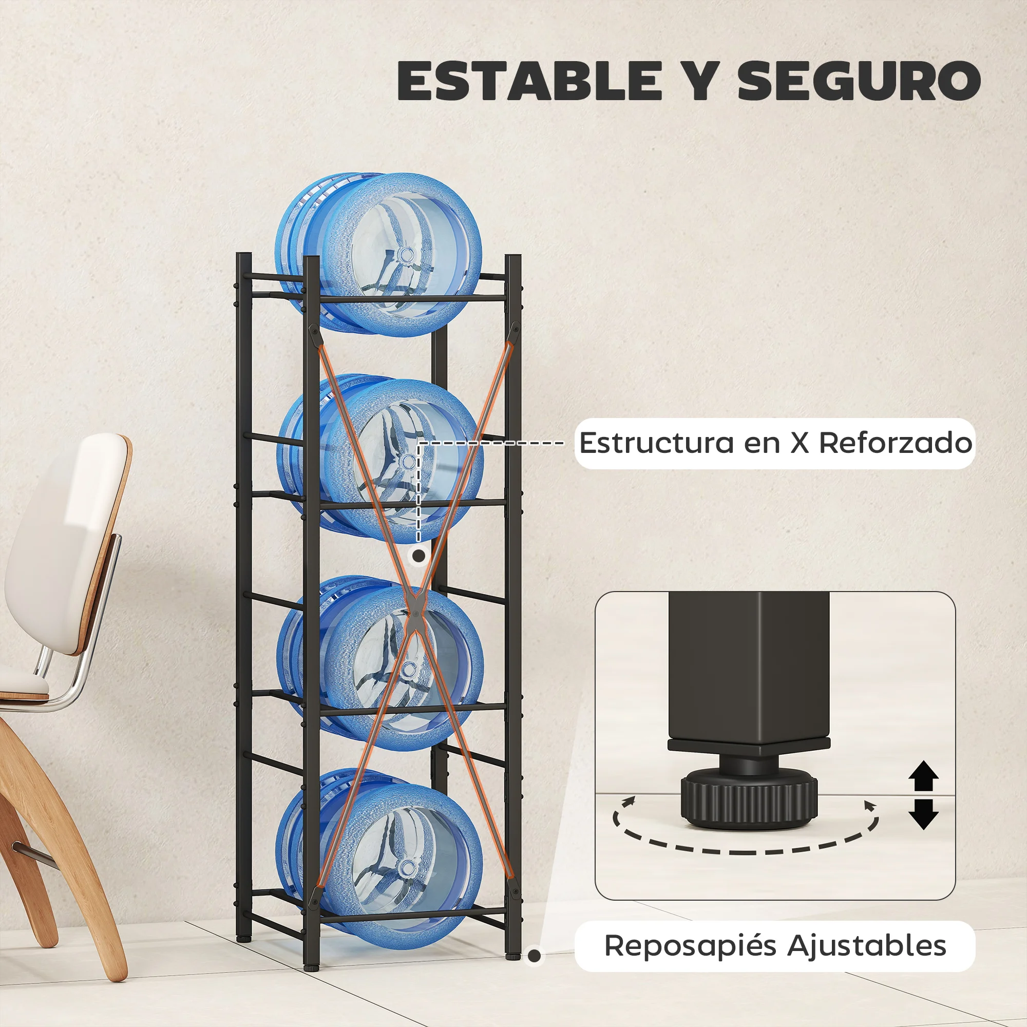 HOMCOM Soporte para Garrafones de Agua de 4 Niveles Estante de Almacenamiento para Botellas de Agua con Estructura de Metal Reforzada para Cocina Comedor Sala de Estar Negro - imagen 5