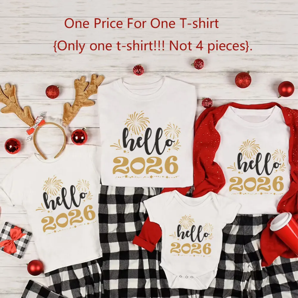 Hola 2026 Feliz Año Nuevo papá mamá niños camisetas ropa de vacaciones familia Año Nuevo Tops a juego traje - imagen 4