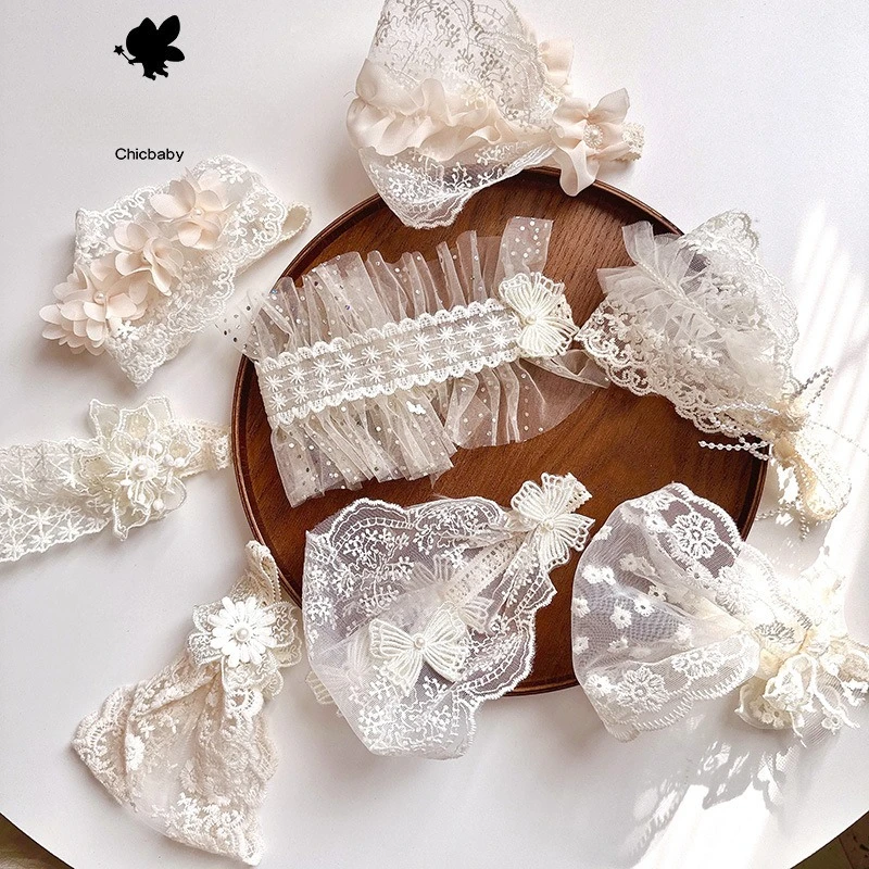 Diadema ancha y suave para bebé, diadema francesa Vintage con lazo de Jacquard, diadema de encaje Floral para recién nacido, accesorios de fotografía para niños pequeños - imagen 2