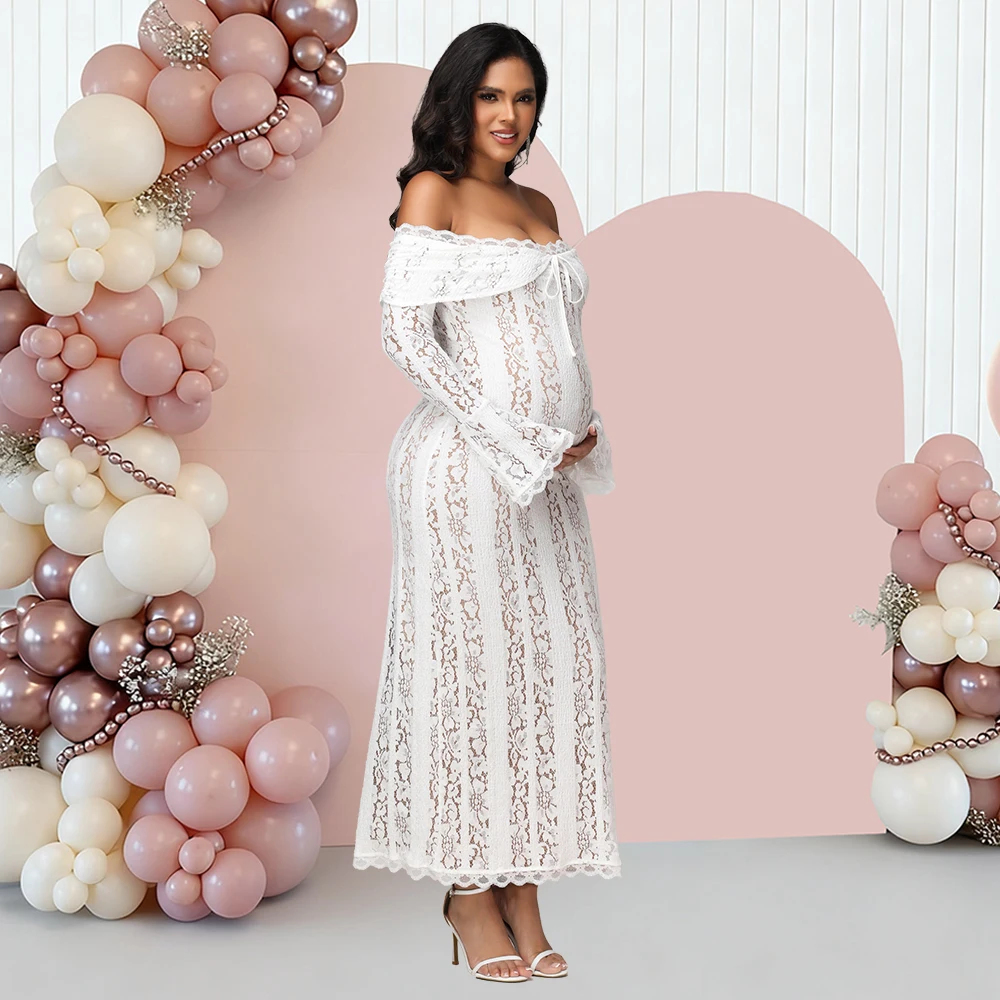 Vestido de maternidad de encaje con hombros descubiertos y manga larga - imagen 3