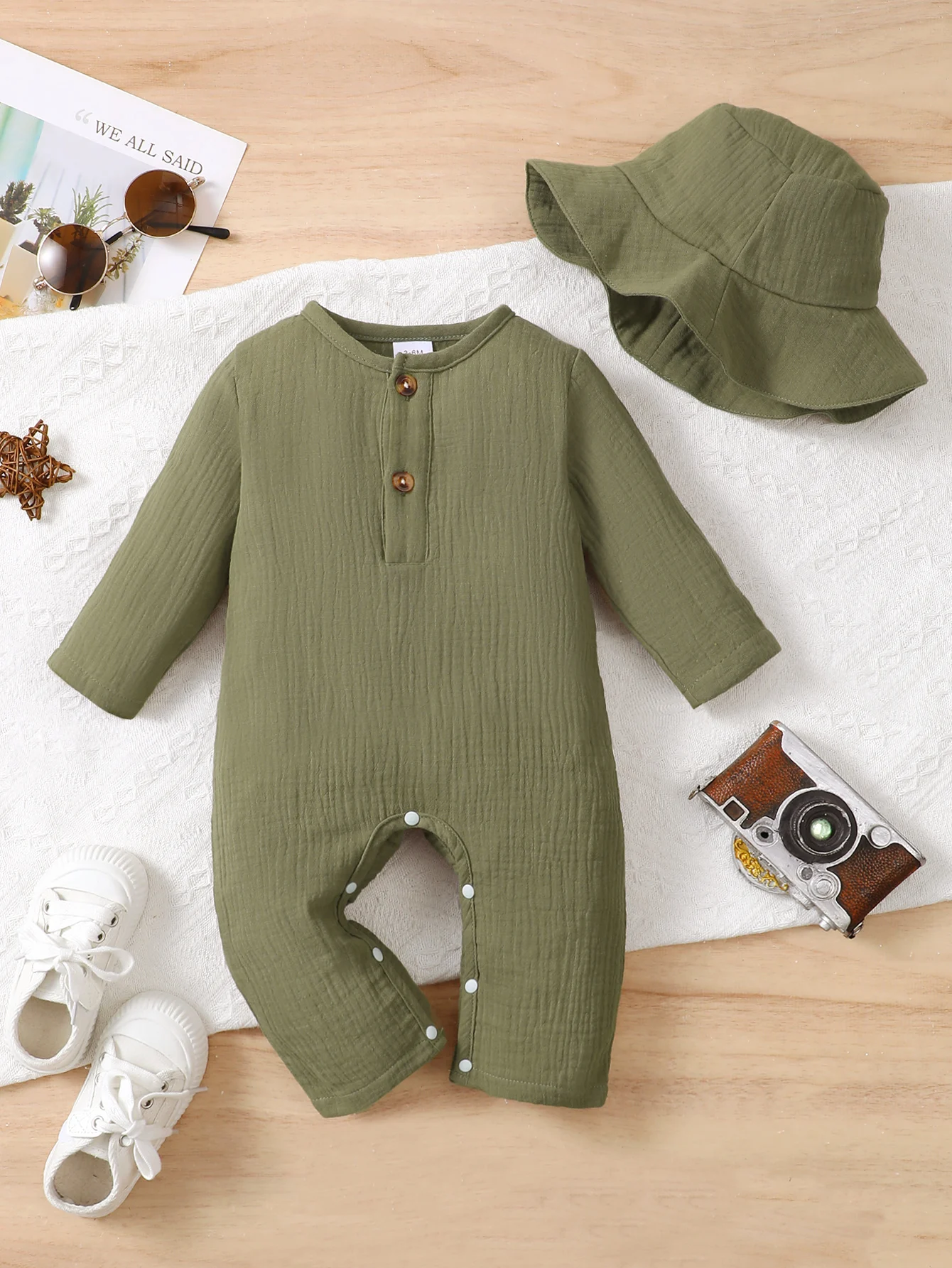 Pelele de algodón para bebé recién nacido, mono de manga larga y sombrero, 2 piezas, primavera y otoño, body diario para niños pequeños de 1 a 18 meses