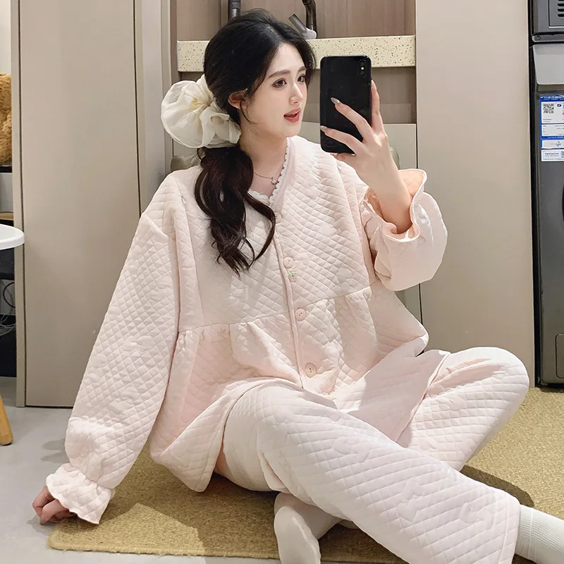 Traje de mes de lactancia sándwich de algodón de aire, pijamas gruesos de invierno para mujeres embarazadas, pijamas cálidos posparto para amamantar