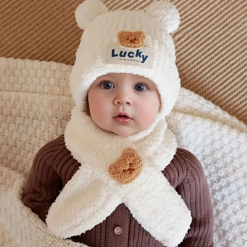 Gorro integrado con bufanda de felpa de oso para niños, gorro para bebé de otoño e invierno, conjunto de dos piezas con gorro cálido de terciopelo con protección para los oídos - imagen 2