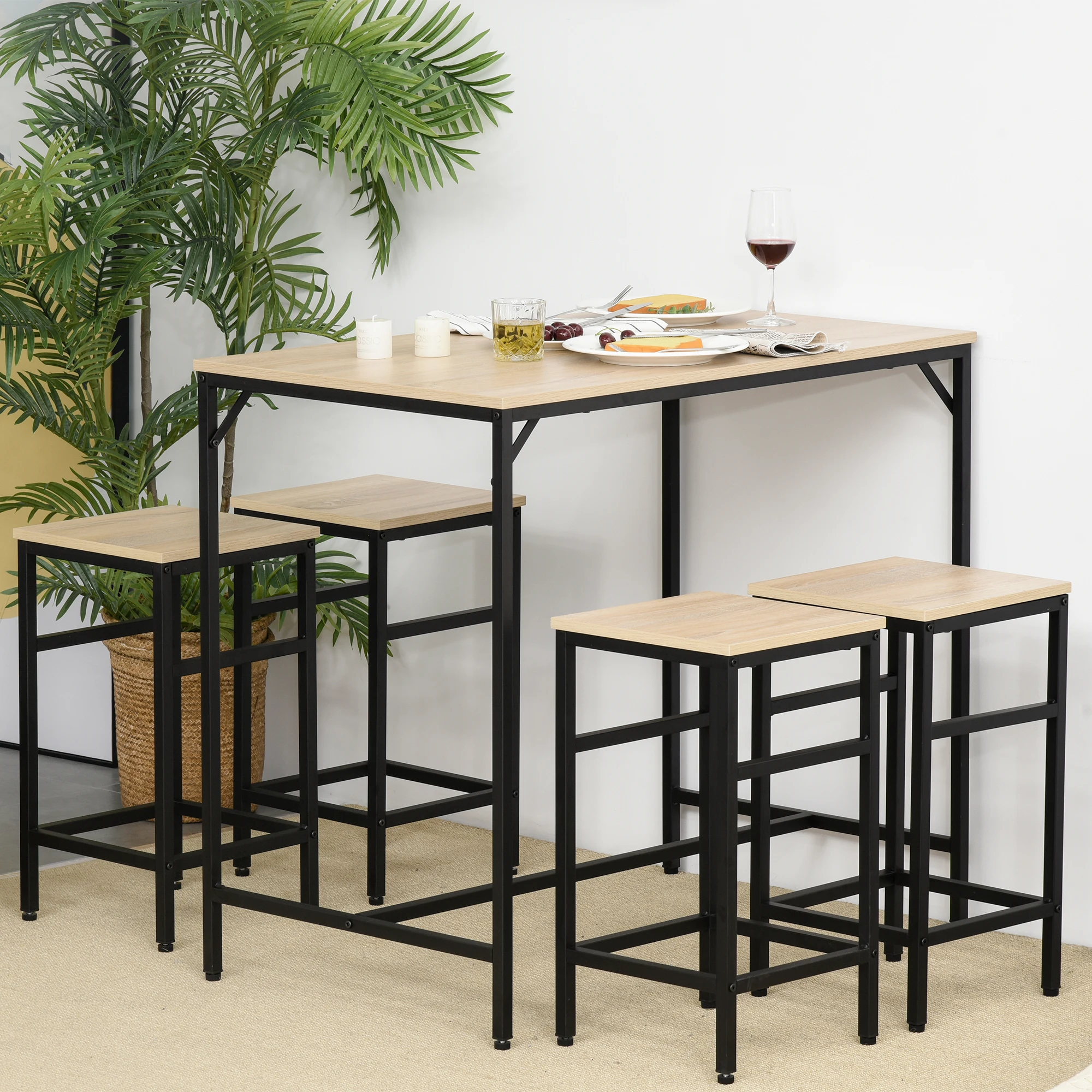 HOMCOM Set de Mesa de Bar y 4 Taburetes 5 Piezas con Reposapiés Juego de Muebles Altas con Mesa de 100x60x88 cm y Taburetes de 32x32x57 cm para Comedor Cocina Negro y Roble - imagen 2
