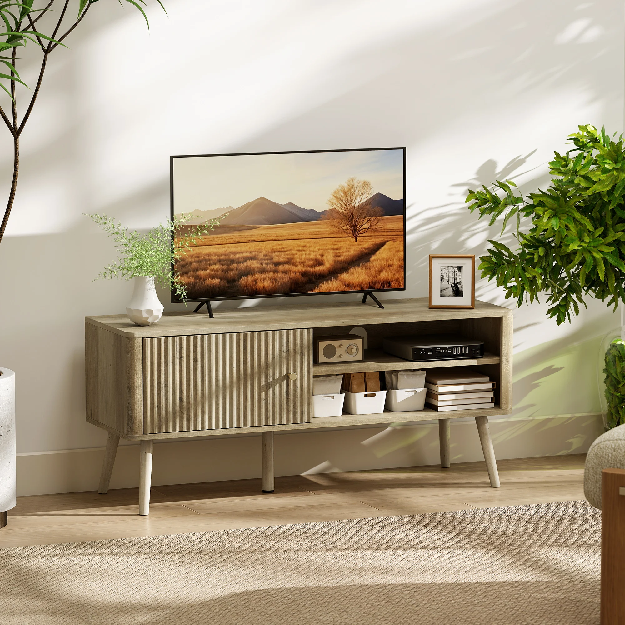 HOMCOM Mueble de TV, Mesa de TV 115 cm, Mueble para Televisión hasta 55 Pulgadas, con Puerta Acanalada, Estante Ajustable, Compartimentos Abiertos y Orificio para Cables, para Salón, Comedor, Roble - imagen 2