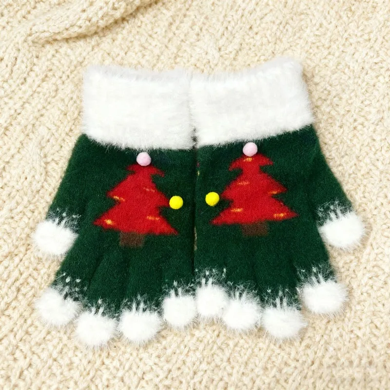Nuevos guantes térmicos de punto para madres y niños, diseño de árbol de Navidad con cinco dedos para el calor al aire libre, bonitos guantes de invierno para estudiantes - imagen 3