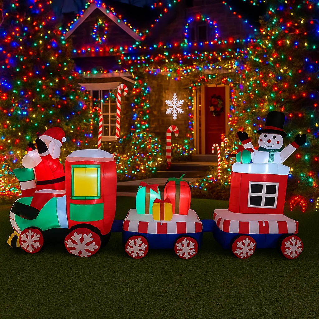 Decoración navideña al aire libre de 7,8 pies, tren de Papá Noel, decoración inflable para fiesta de Navidad, adornos de patio, luces, juguetes para el hogar, utilería - imagen 2