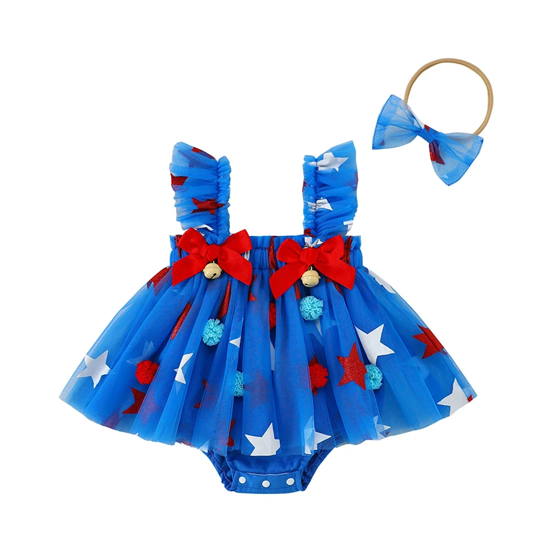 SUNSIOM Vestido mameluco para niña de 0 a 18 meses, 4 de julio, mono de tul sin mangas con estampado de estrellas y diadema con lazo - imagen 3
