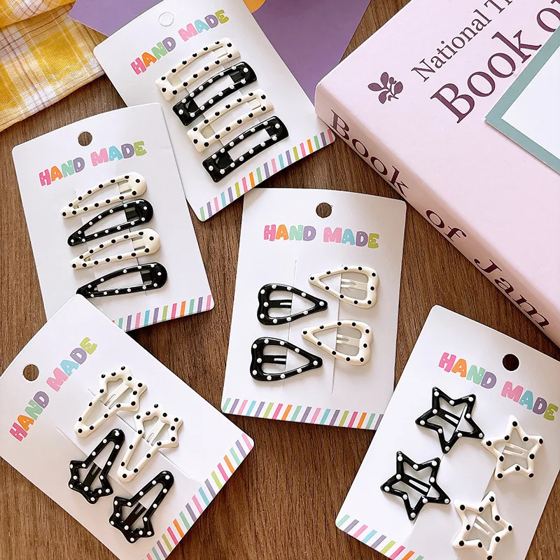 3/4 Uds. Pinzas para el cabello de lunares blanco y negro, pinza para el pelo con lazo de estrella, Clip de Metal para niños de oso dulce, pasadores BB simples y versátiles para niños - imagen 3
