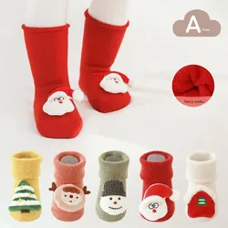 2025 Nuevos calcetines gruesos de felpa para bebés de invierno: calcetines antideslizantes con agarre de puntos para bebés, lindos calcetines de muñecos de dibujos animados de Navidad para niños.