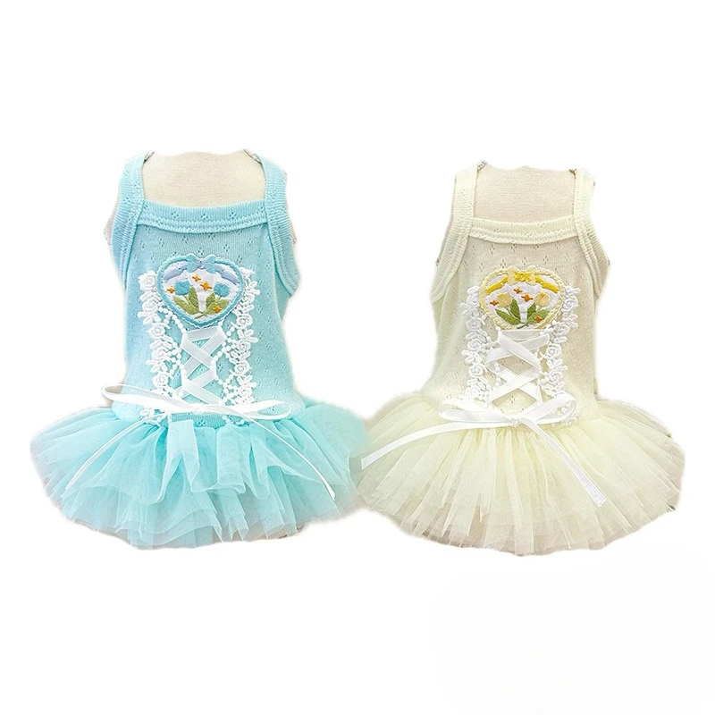 Vestido para mascotas Primavera/Verano para gatos/perros, lazo de encaje con tirantes, falda de malla de princesa Pong, vestidos para perros pequeños, ropa para cachorros - imagen 5