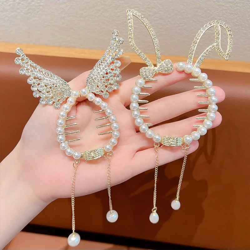 Niños Rhinestone ala de Ángel orejas de animales Clip de pelo de bebé elegante horquillas de perlas diadema de cola de caballo para niñas accesorios para niños - imagen 2