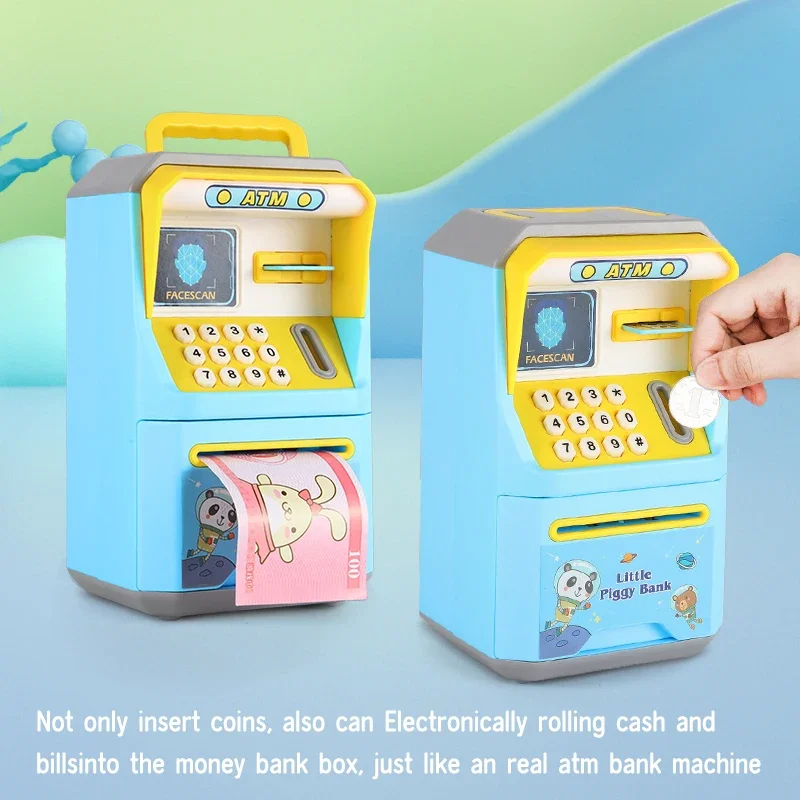 Hucha ATM, caja de seguridad, caja de dinero, música ATM, banco electrónico de dibujos animados, desbloqueo facial, juguete para niños, banco de papel de desplazamiento automático - imagen 3
