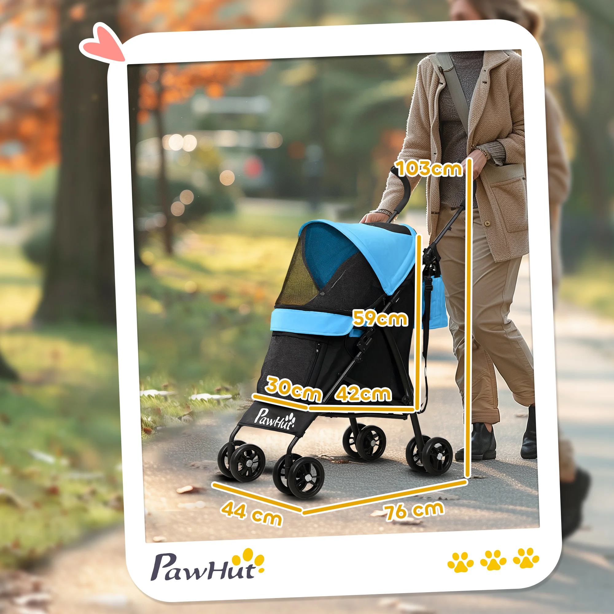 PawHut Cochecito para Perros Pequeños con Estructura de Paraguas Carrito para Perros Plegable con Cojín Lavable Portavaso Ventanas de Malla y Bolsa de Almacenamiento Azul - imagen 3