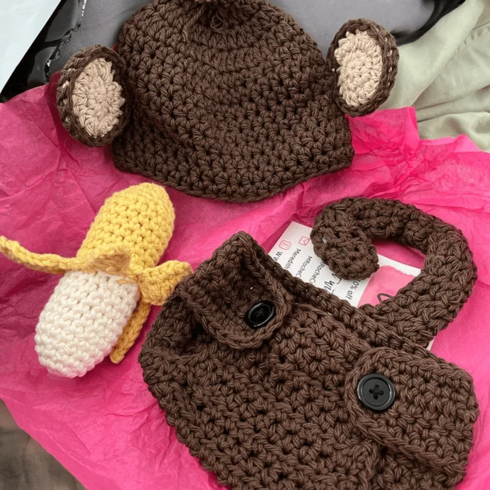 Gorro de mono para bebé con plátano, traje de fotografía para recién nacido, conjunto de cubierta de pañal, disfraz para niño y niña, pantalones de punto de ganchillo, sombrero, traje mameluco