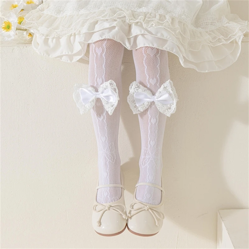 2025 nuevas medias de verano para niñas, medias de algodón puro, malla transpirable, lazo blanco y negro, pantimedias de princesa para niños, mallas Lolita para 2-13 años