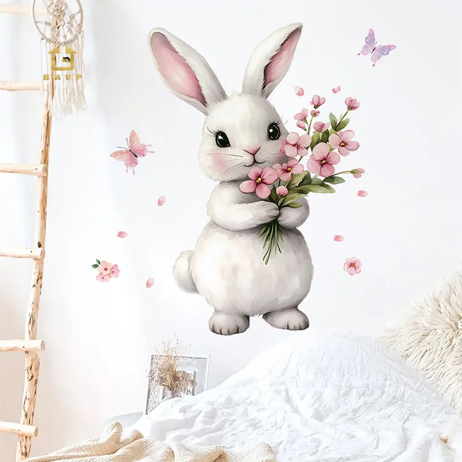 Adhesivo decorativo para pared de dibujos animados de conejo, papel autoadhesivo extraíble, dormitorio, sala de estar, pegatina decorativa para entrada