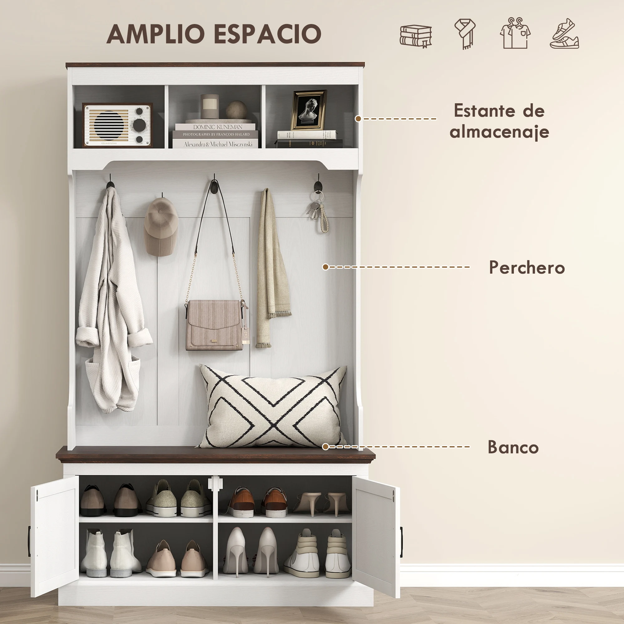 HOMCOM Perchero Zapatero, Perchero para Entrada Recibidor con Banco Zapatero, 2 Puertas, 5 Ganchos y 3 Estantes Superiores, Estilo Rústico para Salón Dormitorio Pasillo, 105x40x180 cm, Blanco - imagen 4