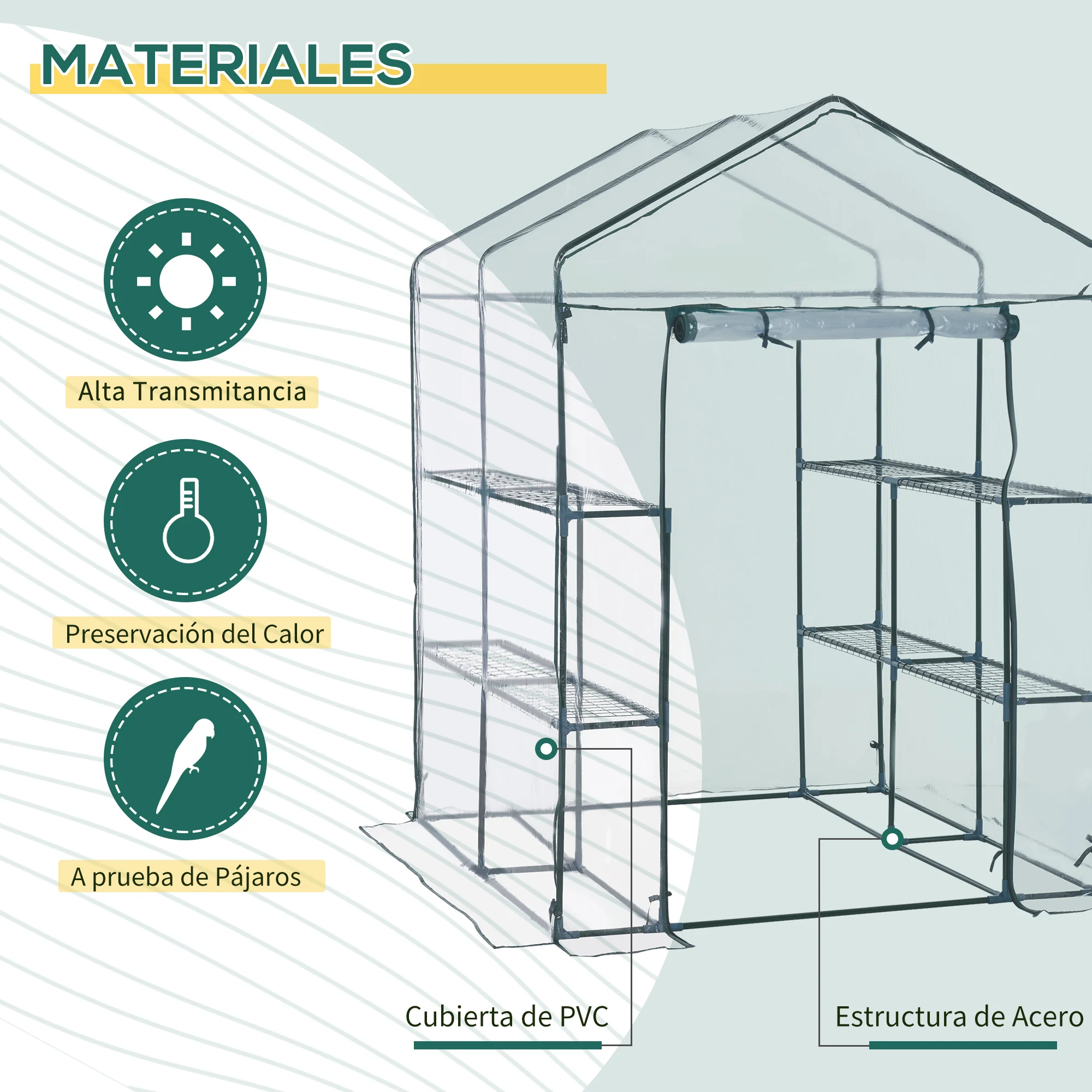 Outsunny Invernadero Transparente de Jardín Vivero Casero Plantas con 3 Pisos 143x143x195cm Marco Acero Jardinería Invernadero - imagen 3
