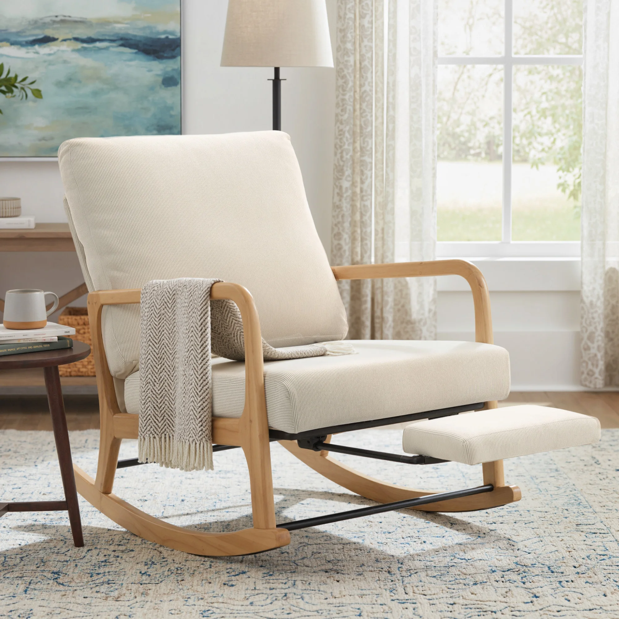 HOMCOM Silla Mecedora con Reposapiés, Respaldo Ajustable, Mecedora de Pana Nórdica, Patas de Madera, Reposabrazos, Cojín Lumbar, Sillón para Lactancia, Carga 120 kg, para Dormitorio, Salón, Crema