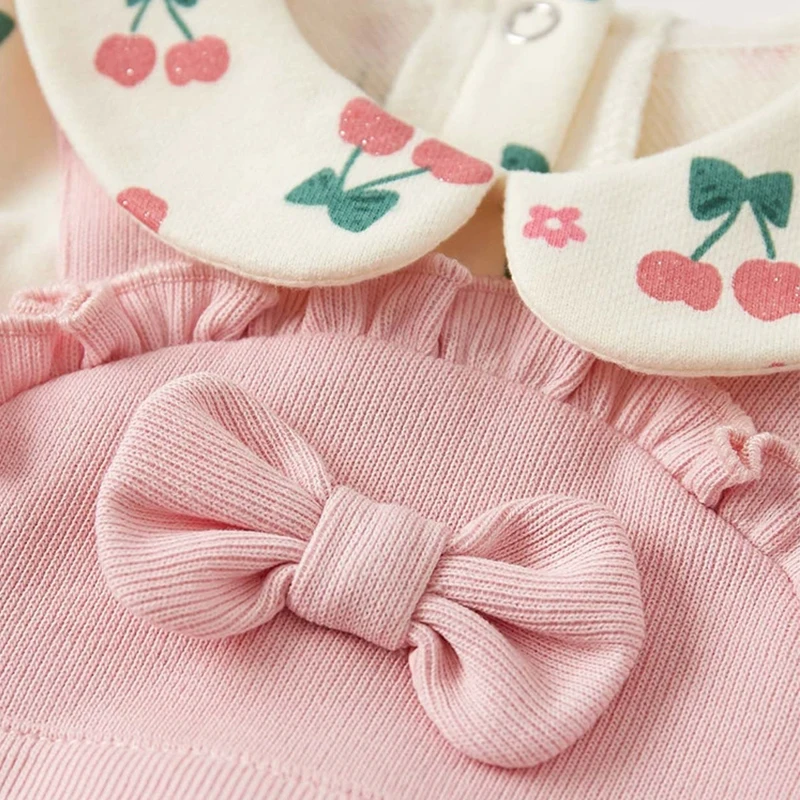 Ropa de primavera y otoño para niñas, monos de algodón con estampado de cereza y cuello de muñeca coreano, artículos para recién nacidos, pelele para bebé BC352 2 piezas - imagen 3
