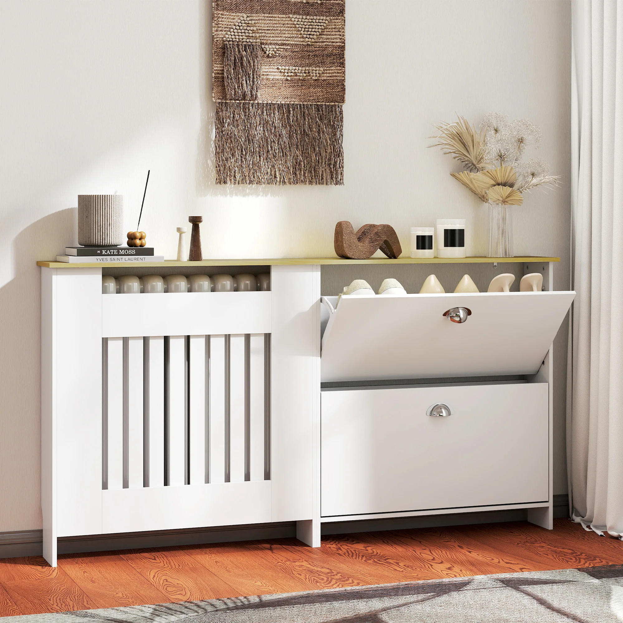 HOMCOM Cubre Radiadores con Zapatero, Cubreradiador de MDF, 152x19x81 cm, Cubierta para Radiador con 2 Cajones Abatibles, Diseño Moderno de Listones, para Salón, Dormitorio, Blanco - imagen 2