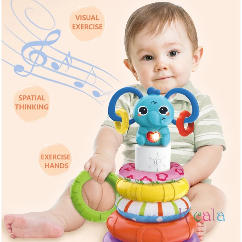 Juguetes musicales de apilamiento para bebés, juegos de torre, juguetes educativos, bloques de construcción de elefante, reconocimiento de Color, juguete interactivo para regalo