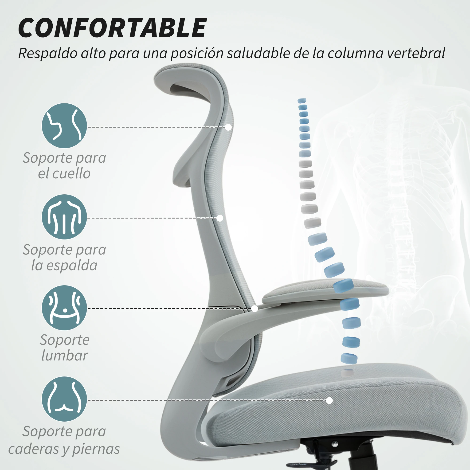 HOMCOM Silla de Oficina Ergonómica Giratoria, con Soporte Lumbar y Reposabrazos 3D Abatibles, Silla de Escritorio de Malla con Reposacabezas Integrado, Función Basculante, Altura Ajustable - imagen 4