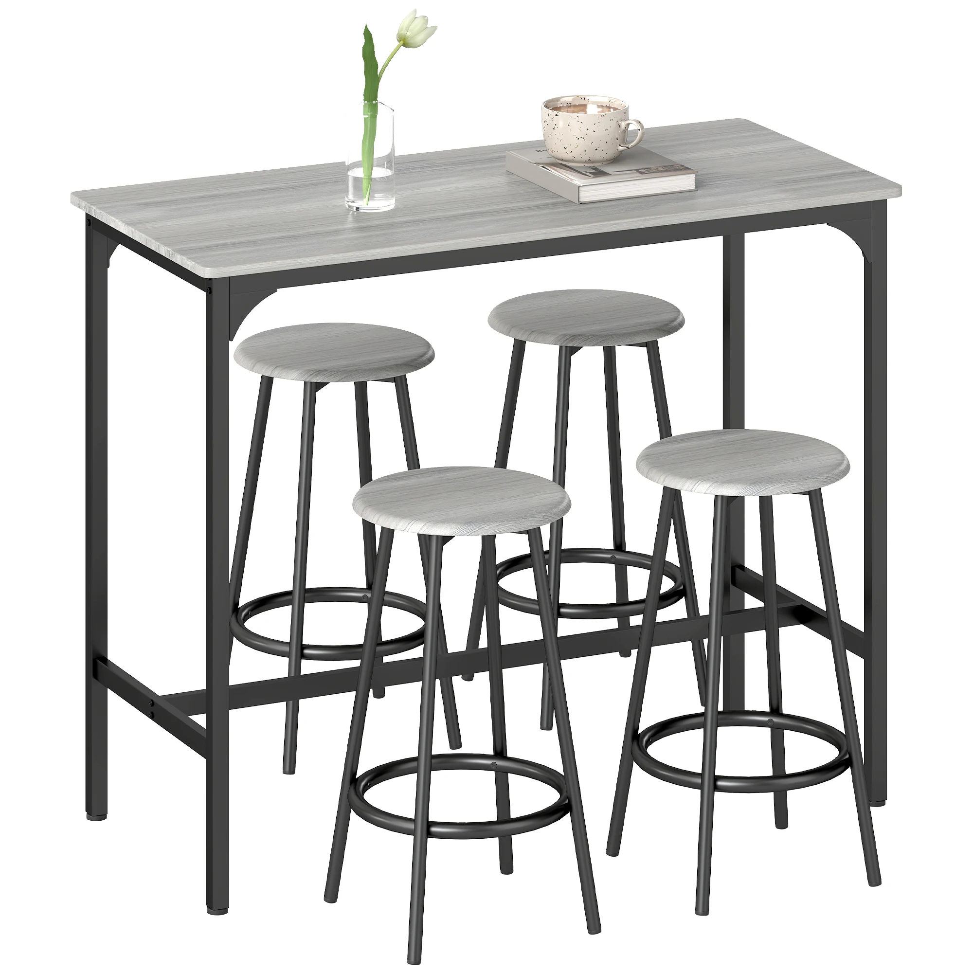 HOMCOM Conjunto de Mesa Alta de Bar y 4 Taburetes Mesa Alta de Cocina con Taburetes Estilo Industrial Marco de Metal para Salón Gris y Negro - imagen 2