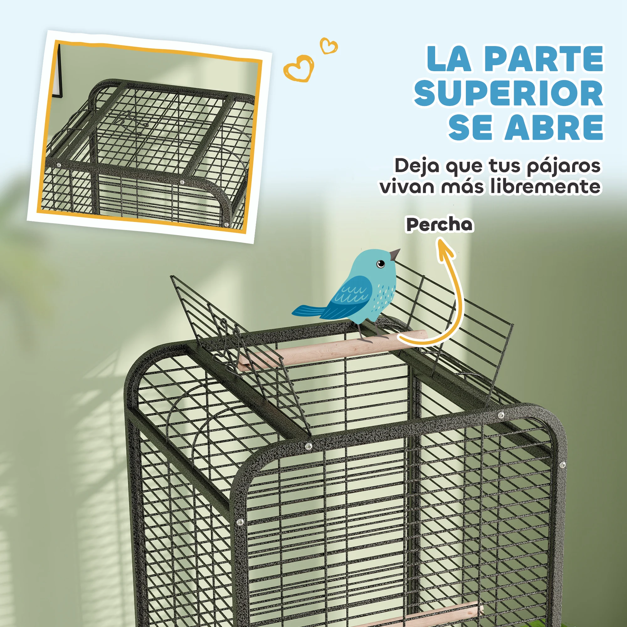PawHut Jaula para Pájaros Jaula para Loros con Ruedas Perchas Comederos Estante y Bandeja Extraíble Pajarera para Cacatúas Cotorras 62,5x62,5x146 cm Gris Oscuro - imagen 4