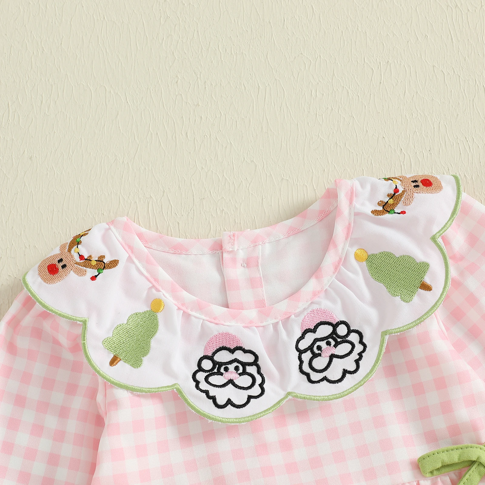 VISgogo Pelele navideño para niña de 0 a 18 meses, mono a cuadros con bordado de alces y árbol de Papá Noel, manga larga y cuello redondo - imagen 4