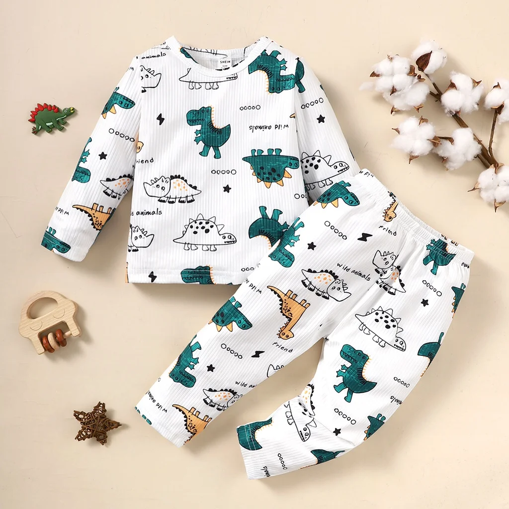 Conjunto de ropa para niño pequeño de 1 a 3 años, traje de manga larga con estampado de dinosaurio, Top y pantalones, pijamas para bebé, otoño