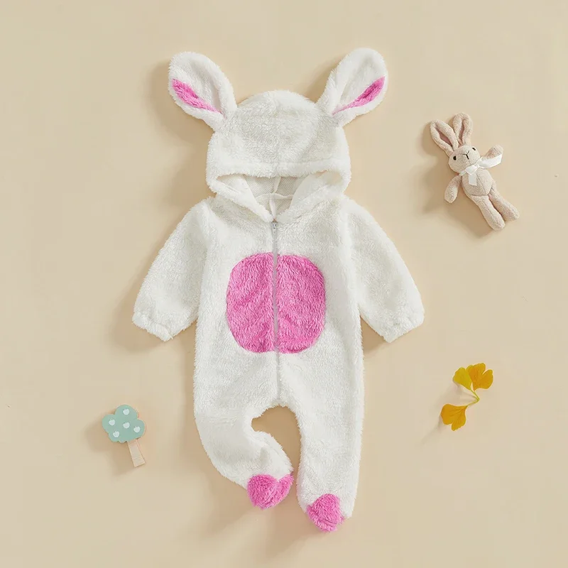 Mono para niñas de 0 a 18 meses, manga larga, con capucha, Color contrastante, cierre de cremallera, pelele de animales, ropa de otoño e invierno