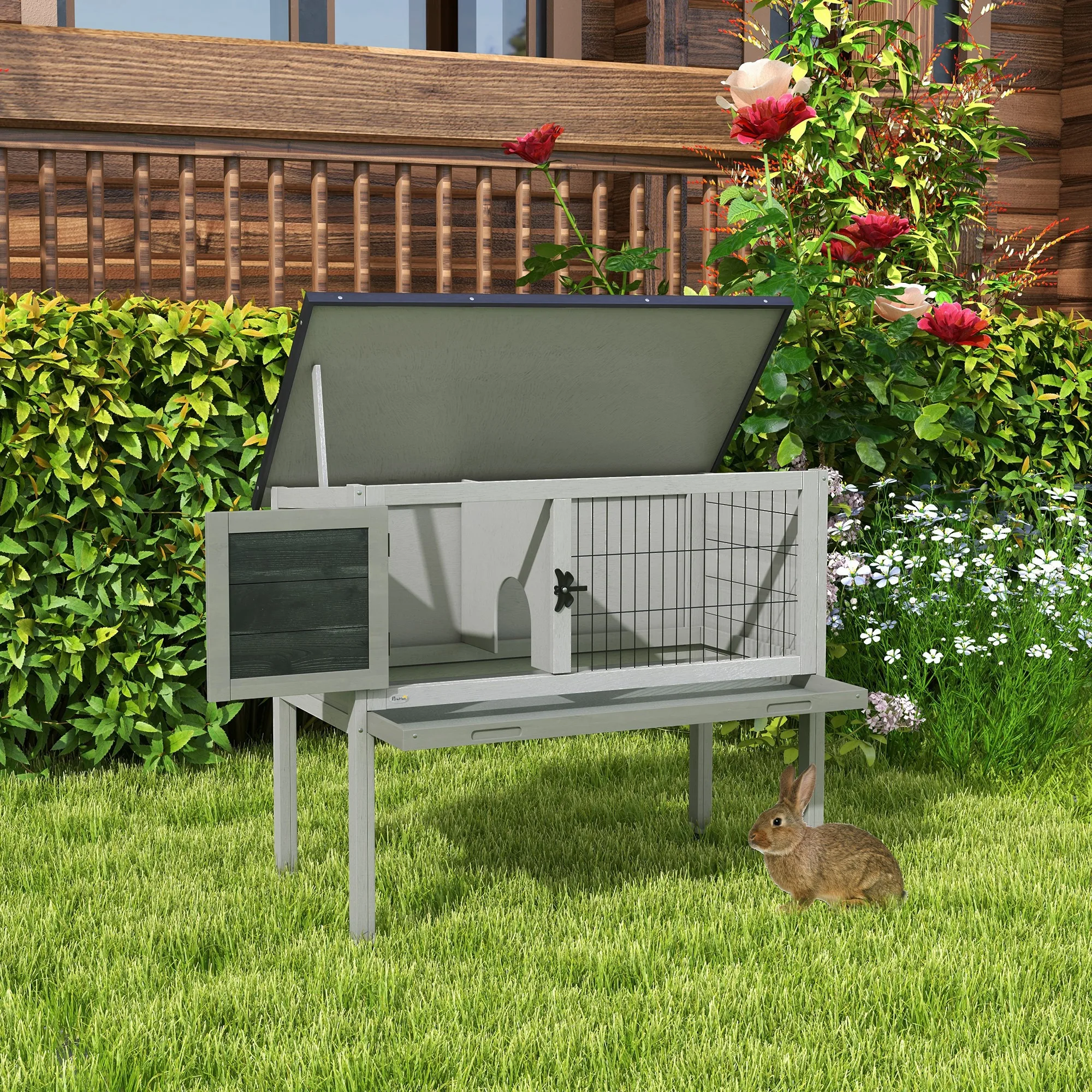 PawHut Conejera de Madera Caseta Exterior Refugio para Mascotas Pequeñas Conejos Cobayas con Bandeja Extraíble y Techo Asfáltico 84x43x70 cm Gris y Negro - imagen 2