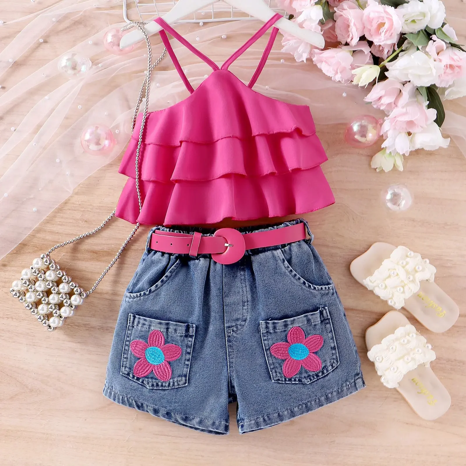 Conjuntos de ropa de verano para niñas de 3 piezas, Tops lisos sin mangas a la moda coreana para bebés, pantalones cortos de flores de mezclilla y cinturón, ropa de Boutique para niños B051 - imagen 2