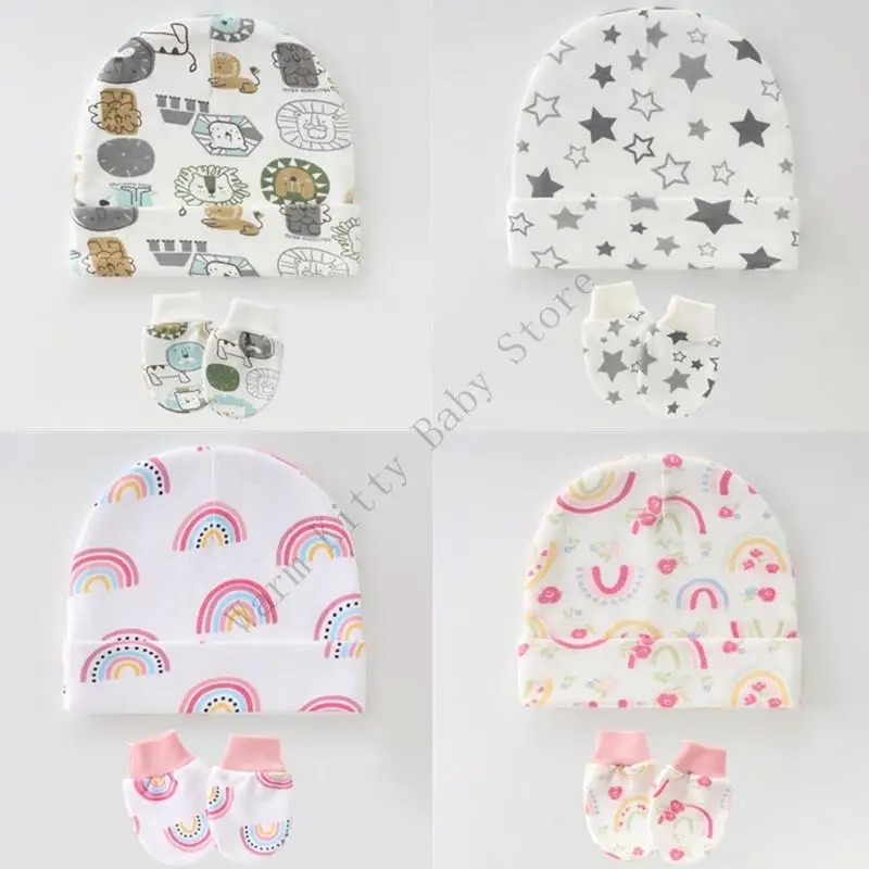 3 juegos de gorro y guantes de algodón suave con estampado bonito para bebé, gorros de Hospital Unisex para primavera y verano, guantes antiarañazos para 0-6M - imagen 3