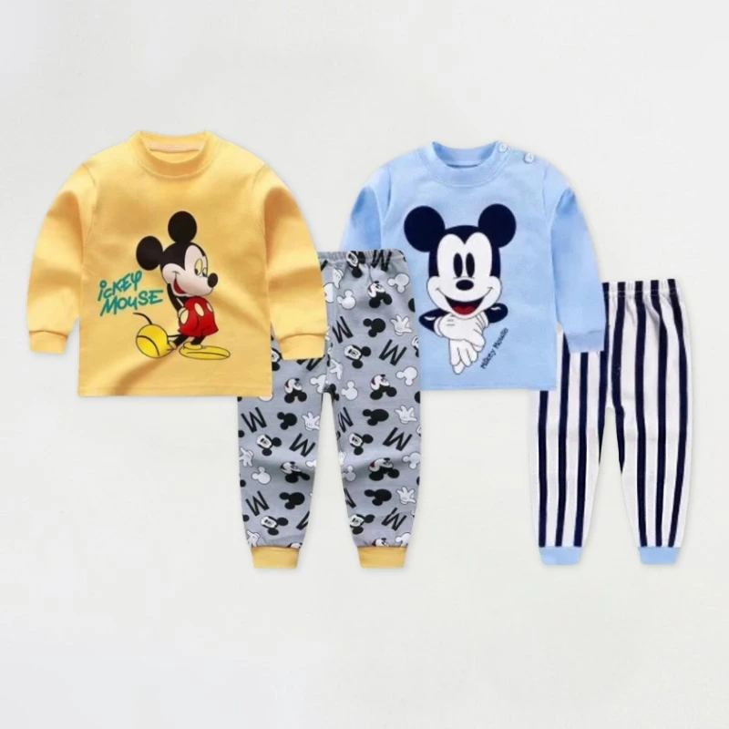 Conjunto de ropa interior con estampado de Mickey de Disney para bebés, ropa de hogar para niños de otoño, traje informal de manga larga con dibujos animados, Tops + Pantalones, pijamas para niños