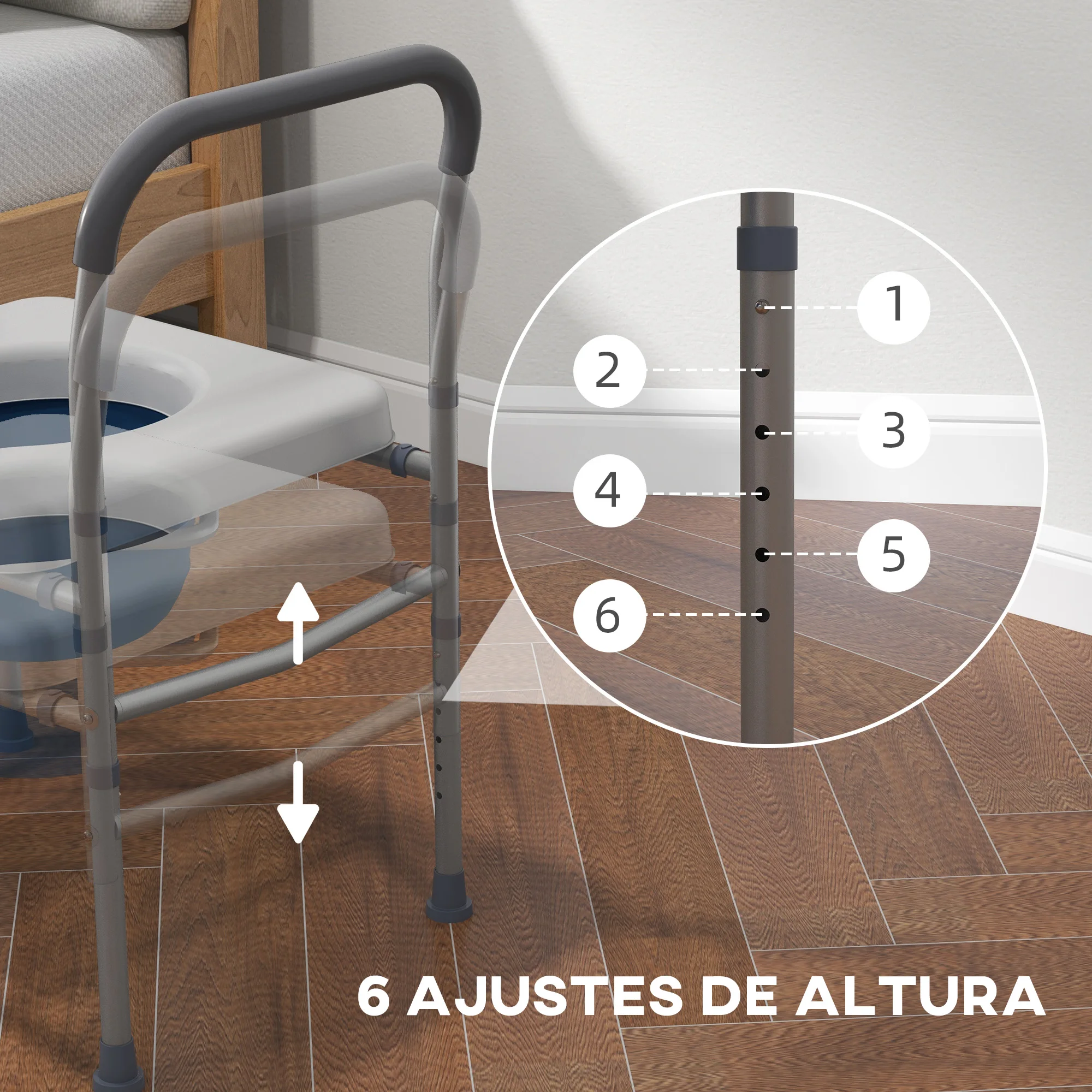 HOMCOM Silla WC Personas Mayores 4 en 1 Silla con Inodoro de Aluminio Silla de Ducha con Altura Ajustable y Almohadillas Antideslizantes Carga 136 kg para Discapacitados Embarazadas Gris - imagen 5
