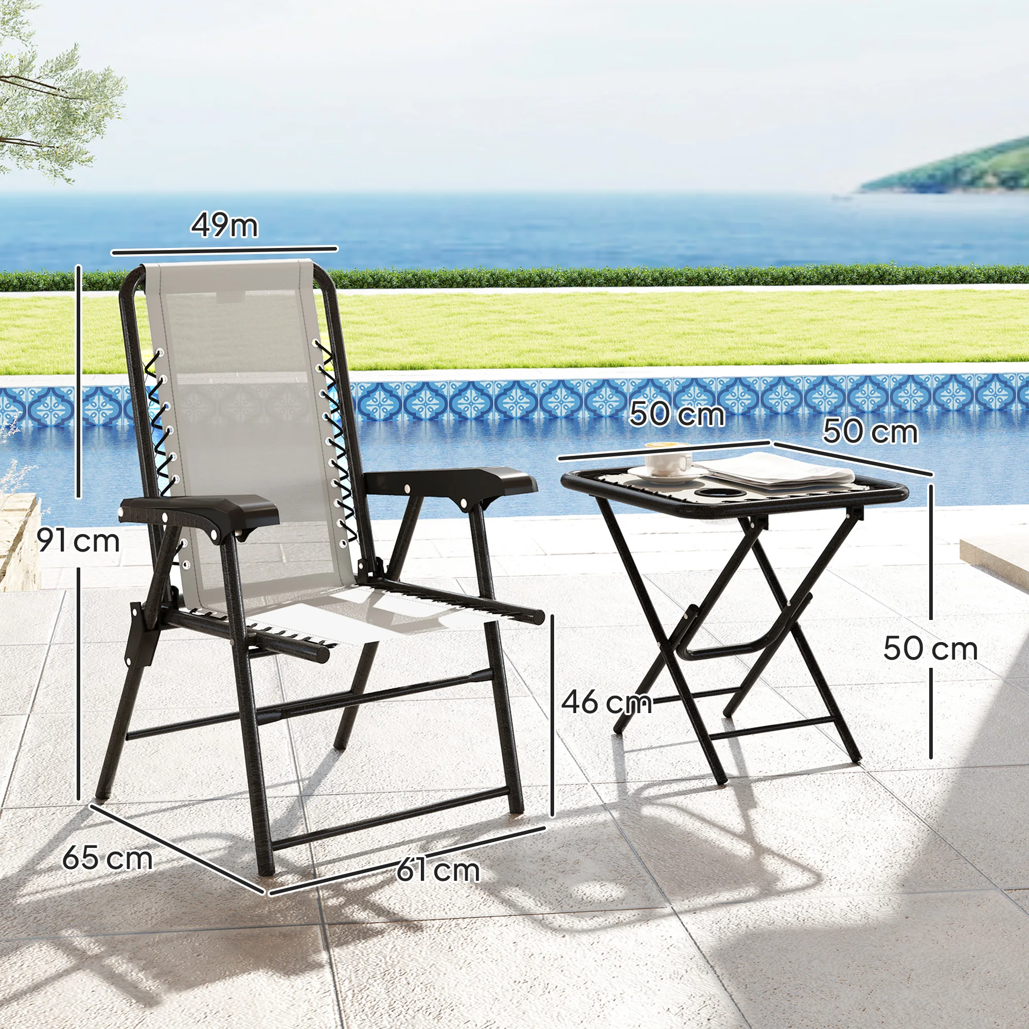 Outsunny Conjunto de Mesa y Sillas de Terraza Exterior de 3 Piezas Muebles de Jardín Exterior Plegables con Estructura de Acero y Portavasos para Patio Crema - imagen 3