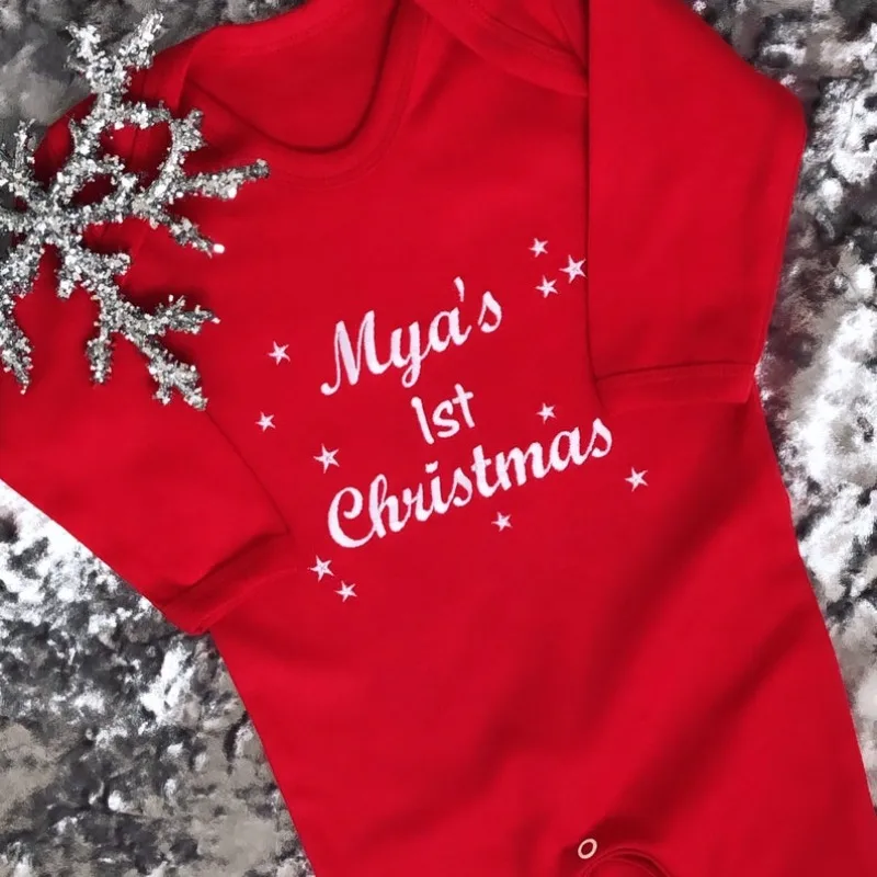 Pijama de Navidad personalizado bordado para bebé, primera Navidad, bordado, nombre personalizado del bebé, mameluco rojo, conjunto de regalo