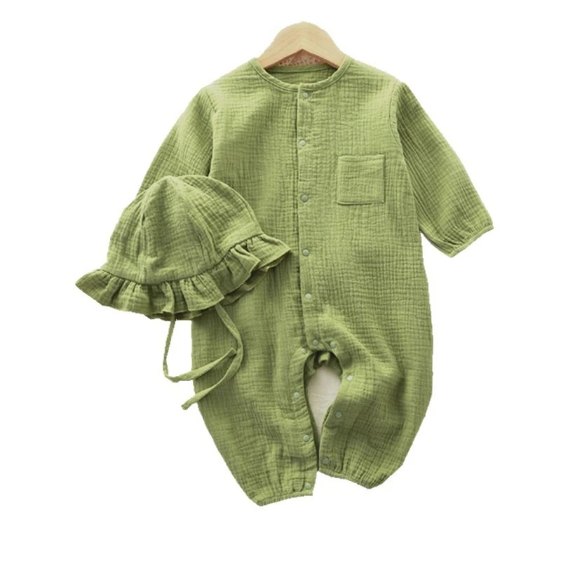Pelele de gasa de algodón Unisex para bebé, primavera y otoño, con bonito sombrero con volantes, pelele de manga larga suave y agradable para la piel de Color sólido
