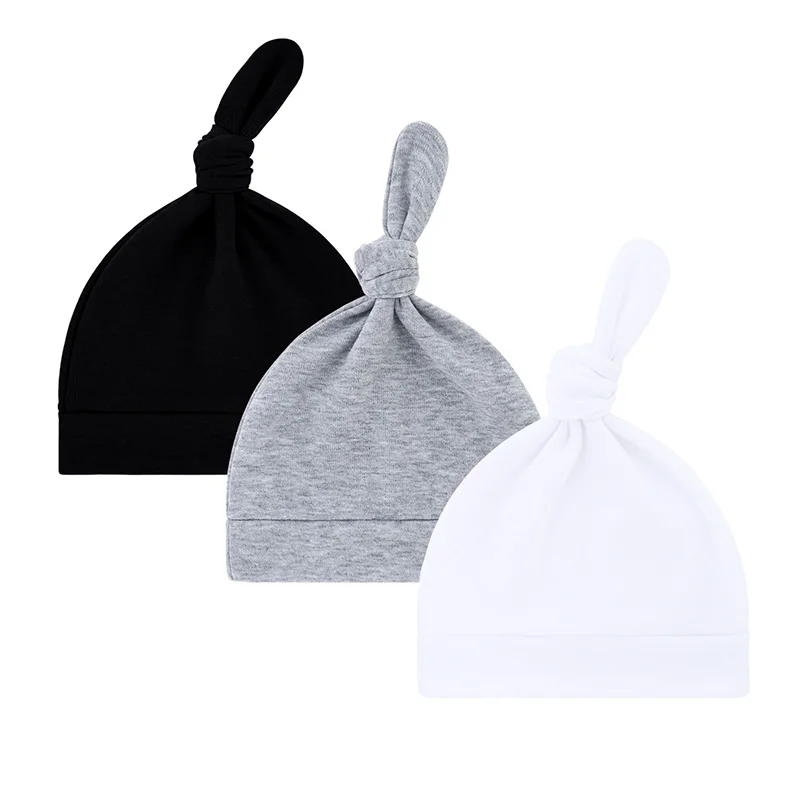 3 unids/lote gorro para bebé recién nacido para niños y niñas gorro anudado de algodón de Color sólido sombreros infantiles simples accesorios para recién nacidos de una sola capa - imagen 2