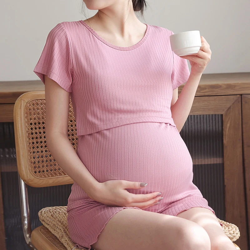 Conjunto de pantalones cortos de manga corta para amamantar, pijamas para mujeres embarazadas, ropa fina de verano para el hogar posparto, conjunto de dos piezas, ropa de lactancia