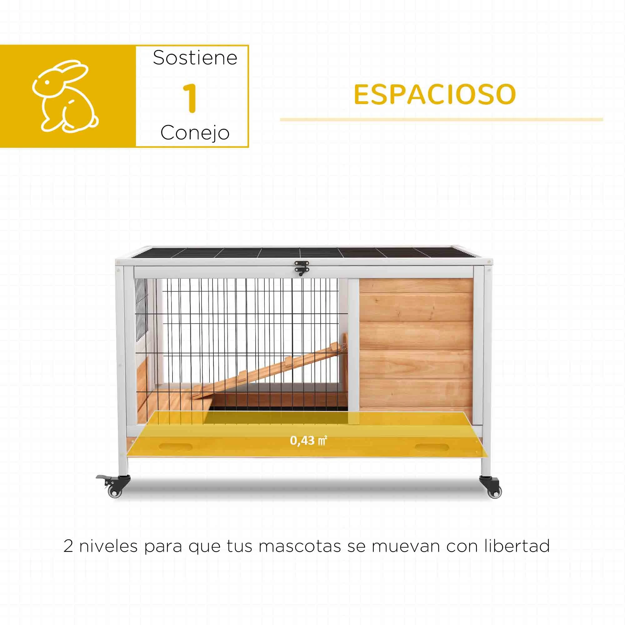 PawHut Jaula para Conejos de Madera Conejera para Mascotas Pequeñas Portátil Interior con Techo Abrible Rampa Bandeja Extraíble para Conejillos de Indias 90x53x59 cm Natural y Blanco - imagen 4