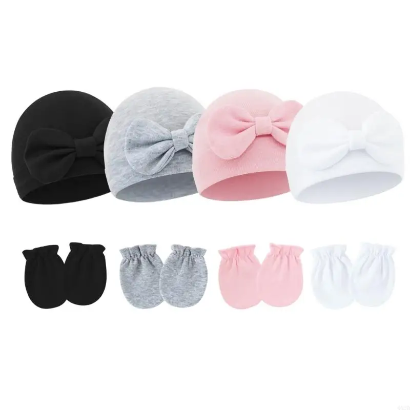 Sombrero con lazo de primavera 2025 con guantes antiarañazos para bebés, gorros de hospital para bebés - imagen 5