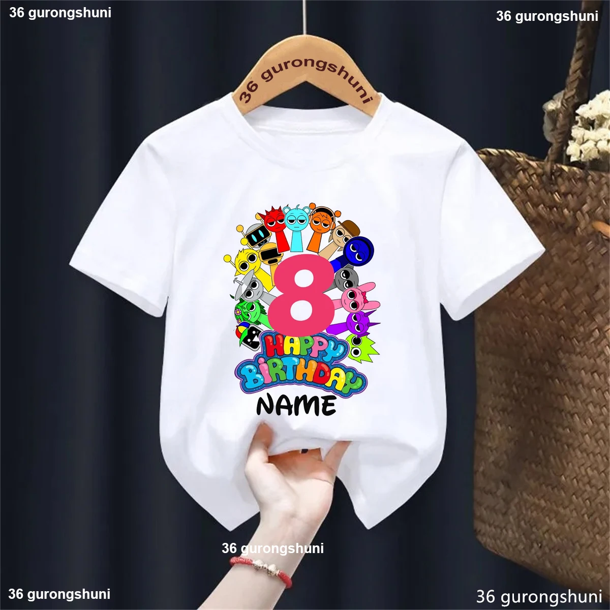 Camiseta con estampado de juego de personajes Sprunki de 8 cumpleaños con nombre personalizado, regalo de cumpleaños para niñas y niños, ropa Kawaii para niños, camiseta de verano - imagen 2