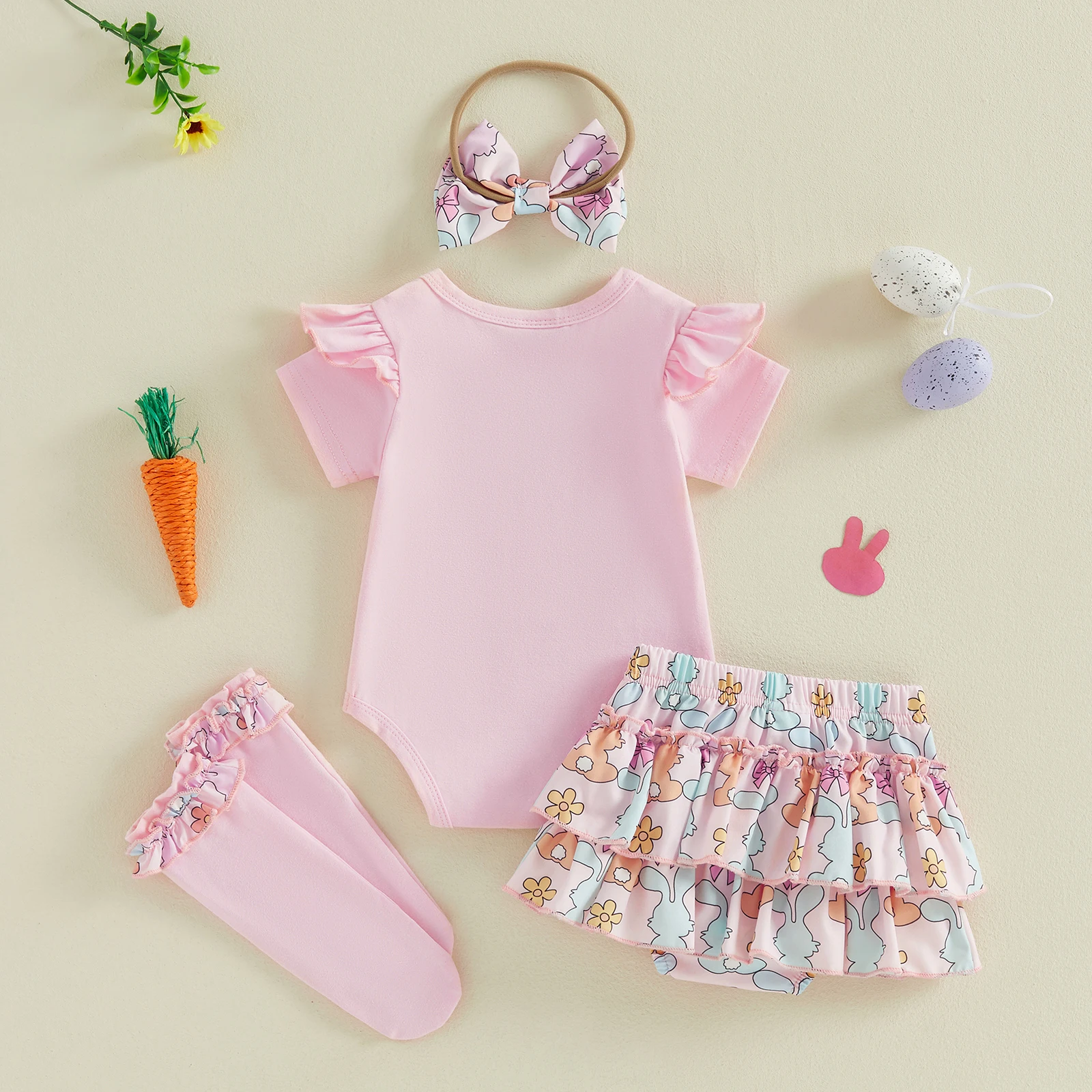 Traje de Pascua para niña: mono con letras y shorts de conejito - imagen 3