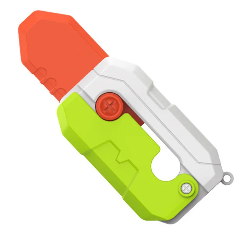 Un cuchillo de plástico verde y rojo con un mango