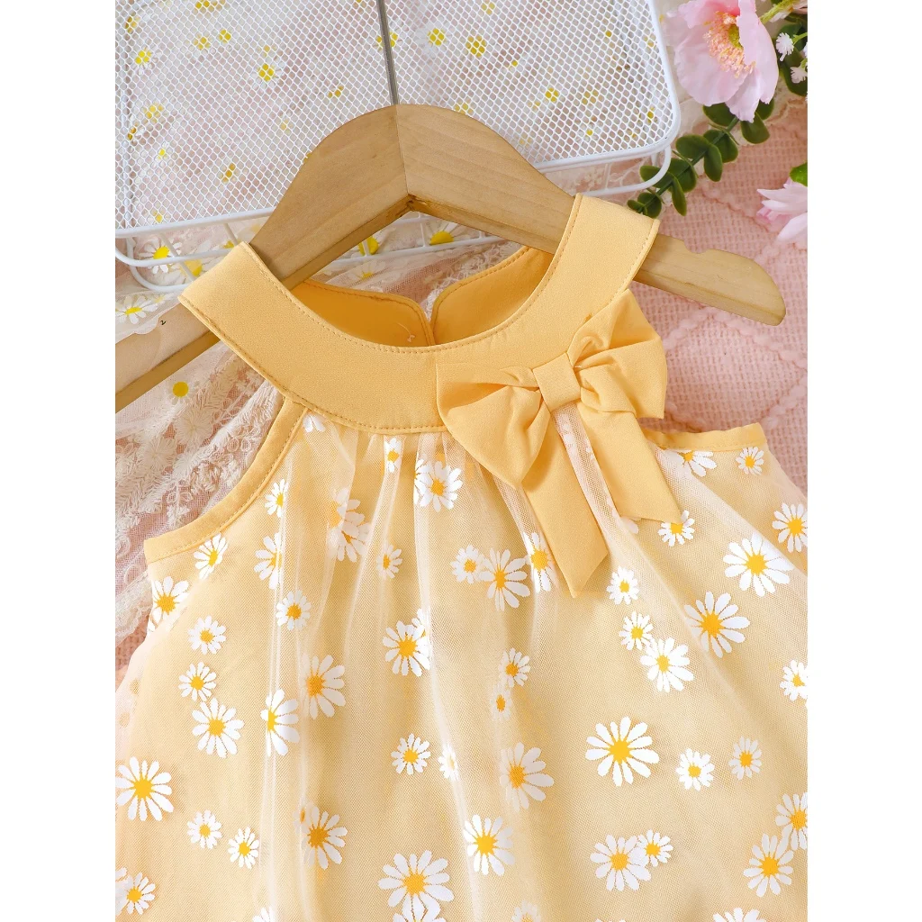 Conjunto de ropa para niños pequeños de 0 a 3 años, Top de malla con margaritas sin mangas y hombros descubiertos + Pantalones cortos, traje fresco de verano, conjunto de vacaciones de moda, 2 uds. - imagen 2